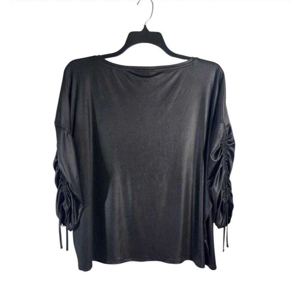 Jennifer Lopez Plus Size Top XXL Black Metallic Ruched Tie Sleeve Blouse - Picture 3 of 4